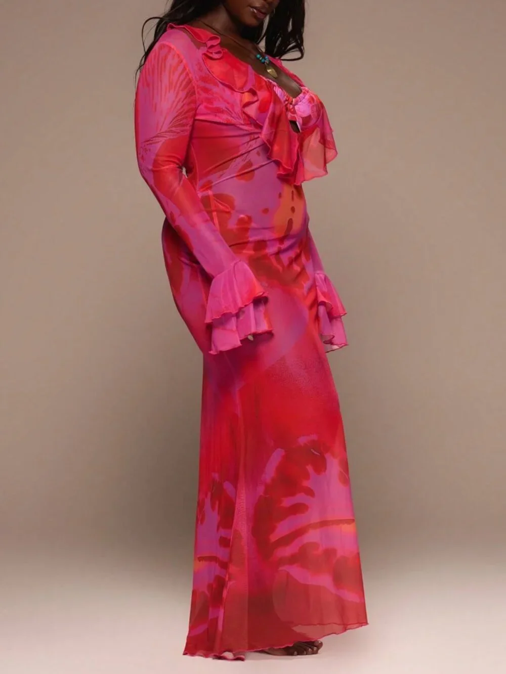 Sexy Women's Plus Size Floral Print Mesh Ruffle Plunge neck maxi dress